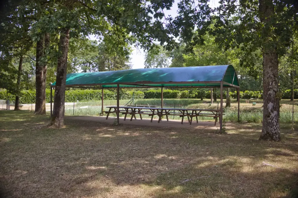 De grandes tables installées sous les arbres pour les repas en plein air